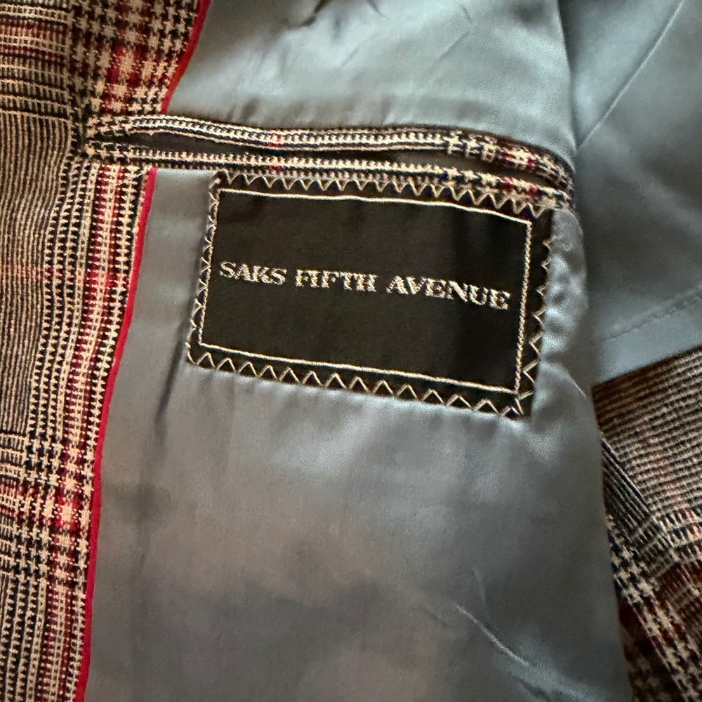 Saks Fifth Avenue Union Made Vintage Plaid Blazer Sport Coat Grey Red Glen Check - Picture 3 of 8